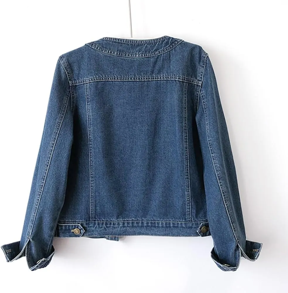 Womens Collarless Long Sleeve Denim Jacket Round Neck Button Down Jean Jackets