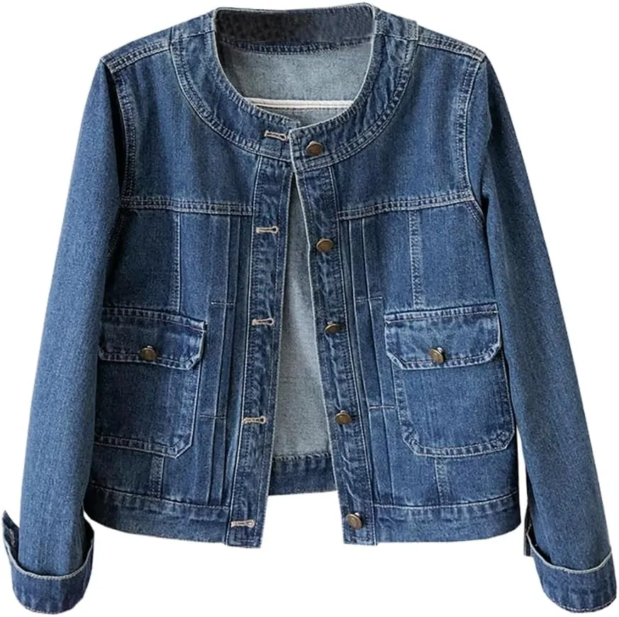 Womens Collarless Long Sleeve Denim Jacket Round Neck Button Down Jean Jackets