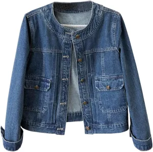 Womens Collarless Long Sleeve Denim Jacket Round Neck Button Down Jean Jackets