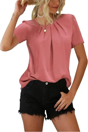 Womens Dressy Business Casual Blouse Pleated Ruffle Short Sleeve Satin Silk Work Shirt Summer Tops 2025