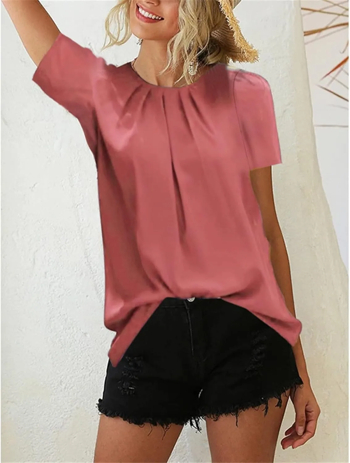 Womens Dressy Business Casual Blouse Pleated Ruffle Short Sleeve Satin Silk Work Shirt Summer Tops 2025