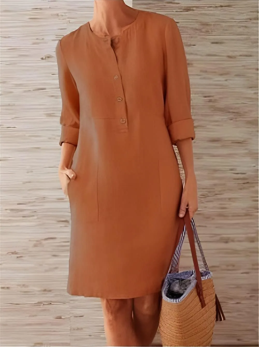 Women's Half Button Down Linen Dress 3/4 Sleeve Casual Crewneck Midi Knee Length Dresses with Pockets