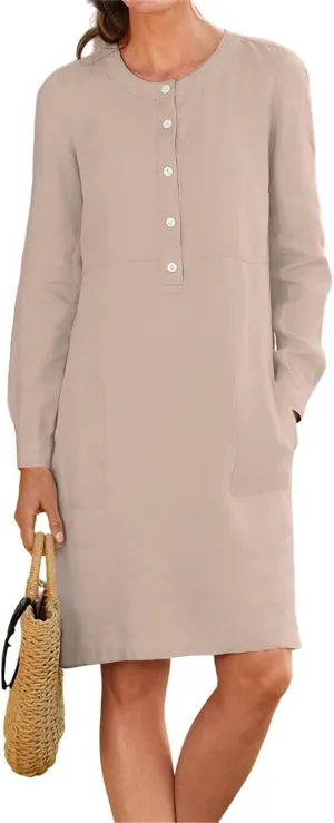 Women's Half Button Down Linen Dress 3/4 Sleeve Casual Crewneck Midi Knee Length Dresses with Pockets