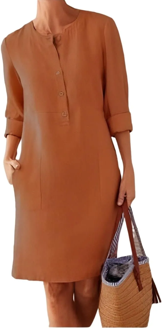 Women's Half Button Down Linen Dress 3/4 Sleeve Casual Crewneck Midi Knee Length Dresses with Pockets