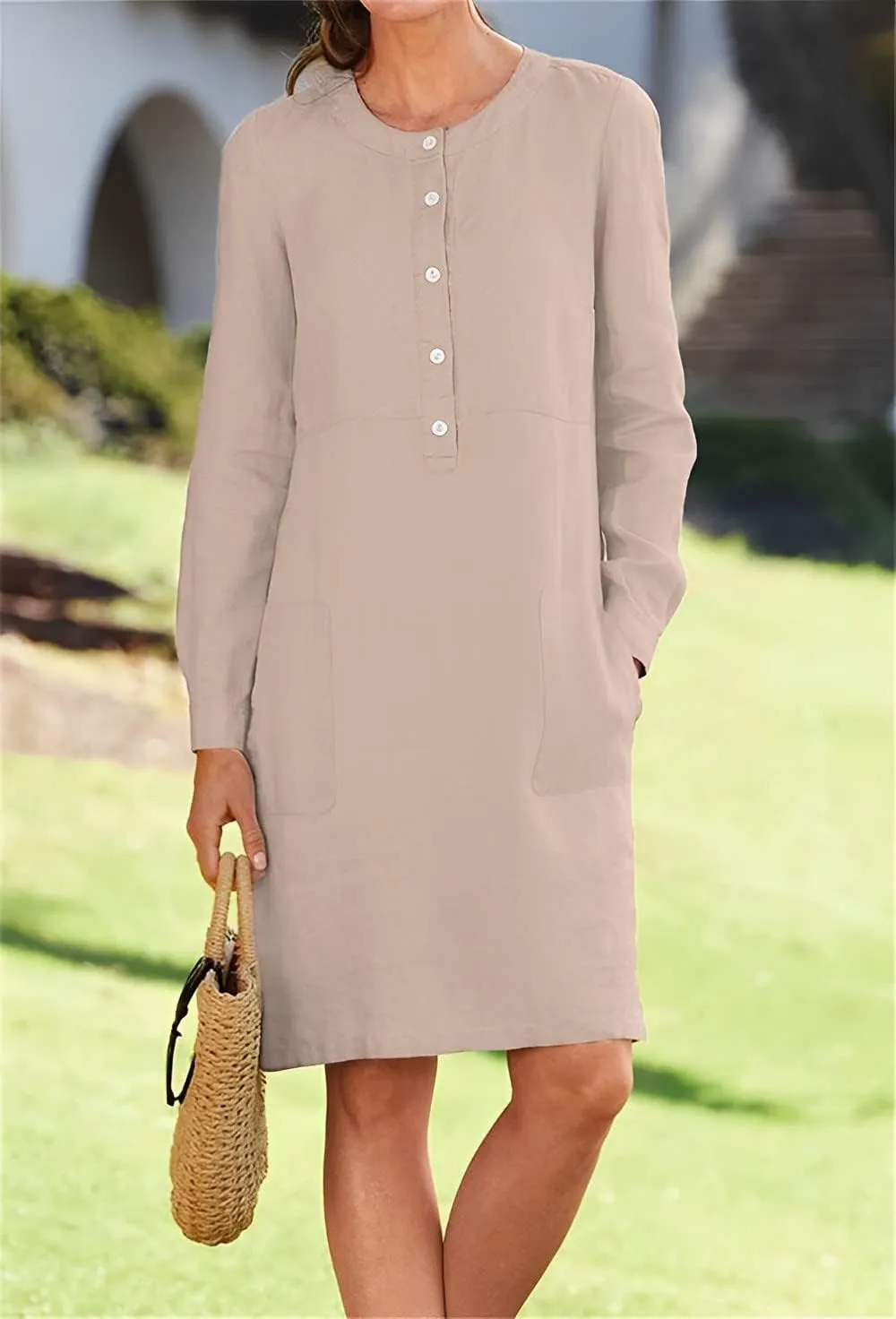 Women's Half Button Down Linen Dress 3/4 Sleeve Casual Crewneck Midi Knee Length Dresses with Pockets