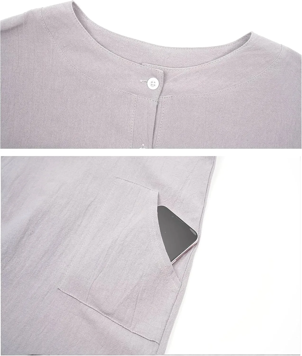 Women's Half Button Down Linen Dress 3/4 Sleeve Casual Crewneck Midi Knee Length Dresses with Pockets