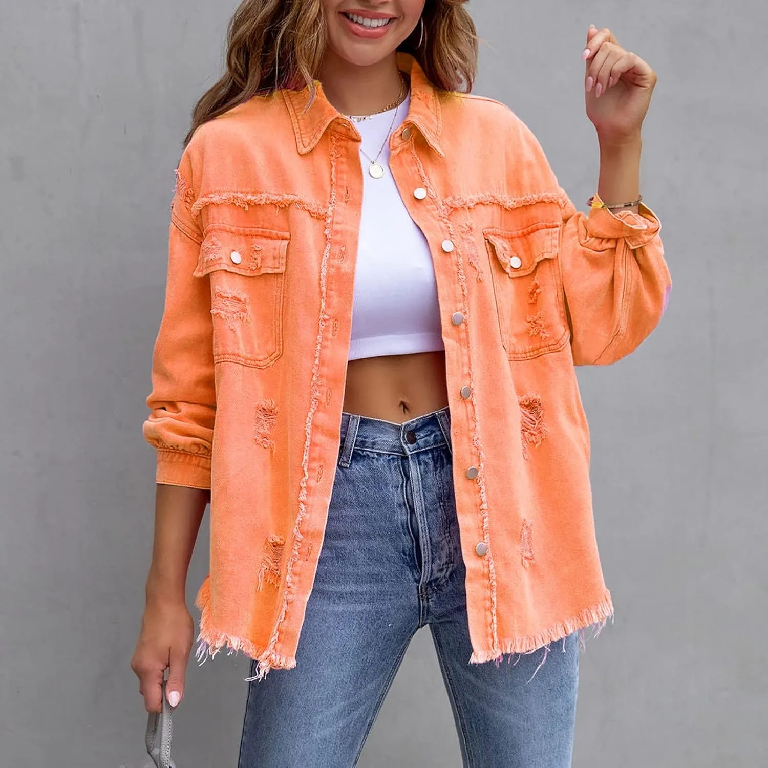 Women's Oversized Botton up Denim Jackets Classic Fit Crop Jean Jacket Stretch Casual Coat with Pockets Teen Girls