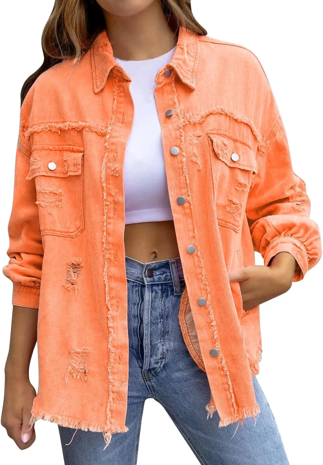 Women's Oversized Botton up Denim Jackets Classic Fit Crop Jean Jacket Stretch Casual Coat with Pockets Teen Girls