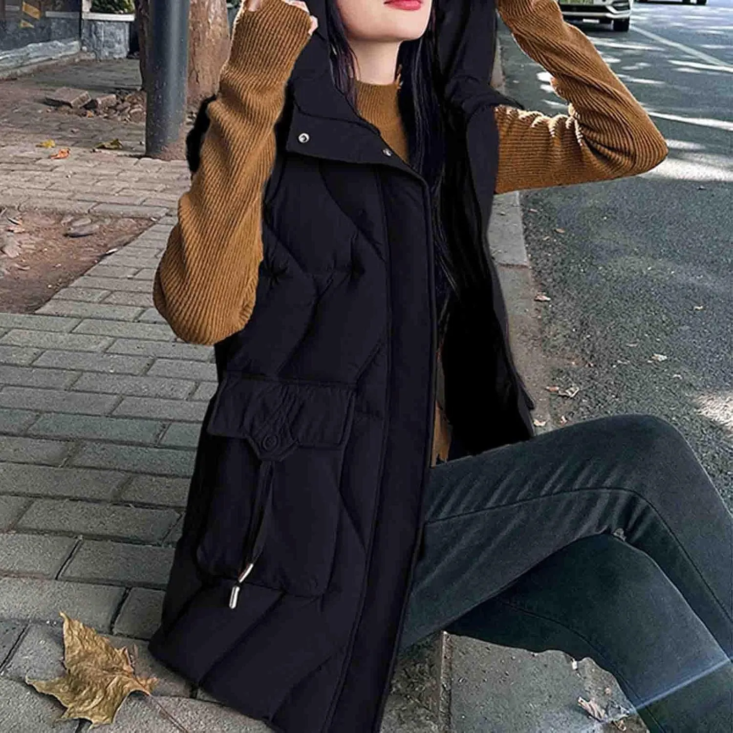 Women's Tunic Puffer Vest Insulated Hooded Sleeveless Quilted Jackets Winter Outwear Warm Gilet Coats with Pockets