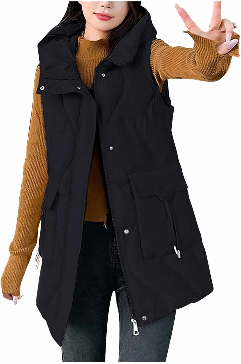 Women's Tunic Puffer Vest Insulated Hooded Sleeveless Quilted Jackets Winter Outwear Warm Gilet Coats with Pockets