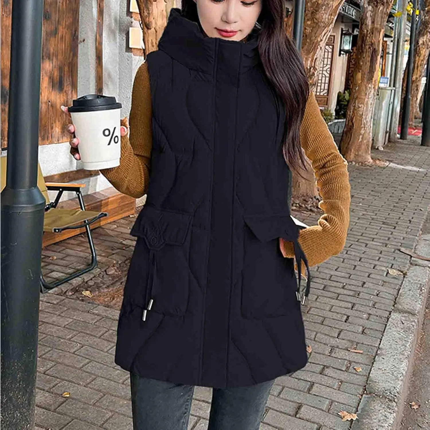 Women's Tunic Puffer Vest Insulated Hooded Sleeveless Quilted Jackets Winter Outwear Warm Gilet Coats with Pockets