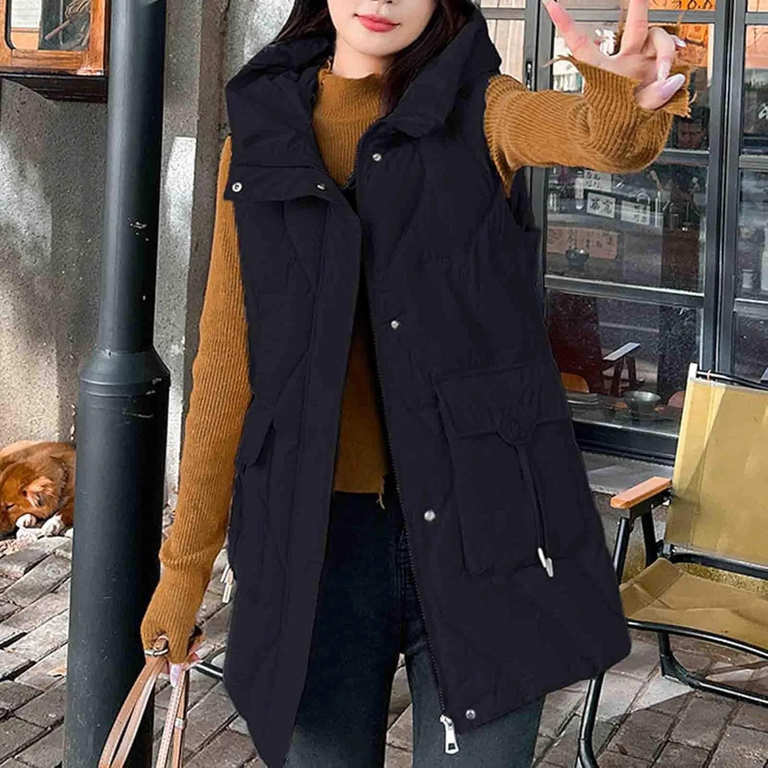 Women's Tunic Puffer Vest Insulated Hooded Sleeveless Quilted Jackets Winter Outwear Warm Gilet Coats with Pockets