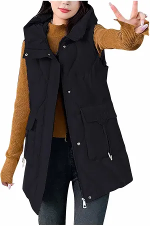 Women's Tunic Puffer Vest Insulated Hooded Sleeveless Quilted Jackets Winter Outwear Warm Gilet Coats with Pockets