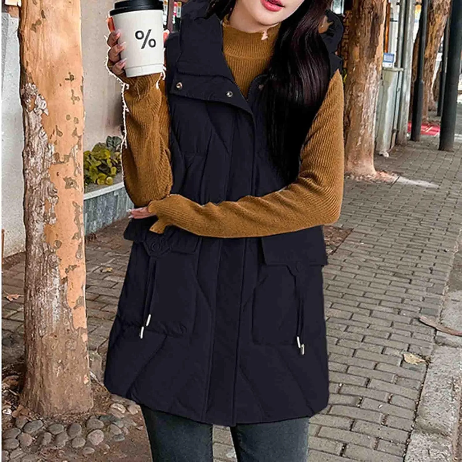 Women's Tunic Puffer Vest Insulated Hooded Sleeveless Quilted Jackets Winter Outwear Warm Gilet Coats with Pockets