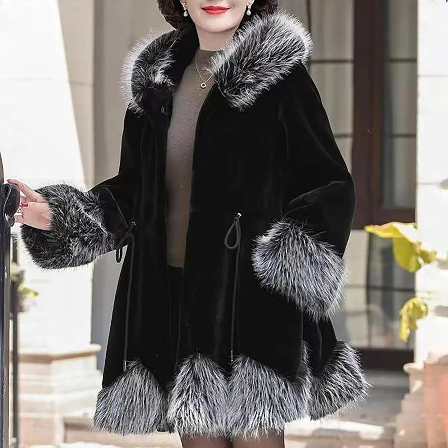 Womens Winter Luxury Coats Faux Fur Trim Single Breasted Shaggy Plush Jackets Fashion Elegant Outwear with Pockets