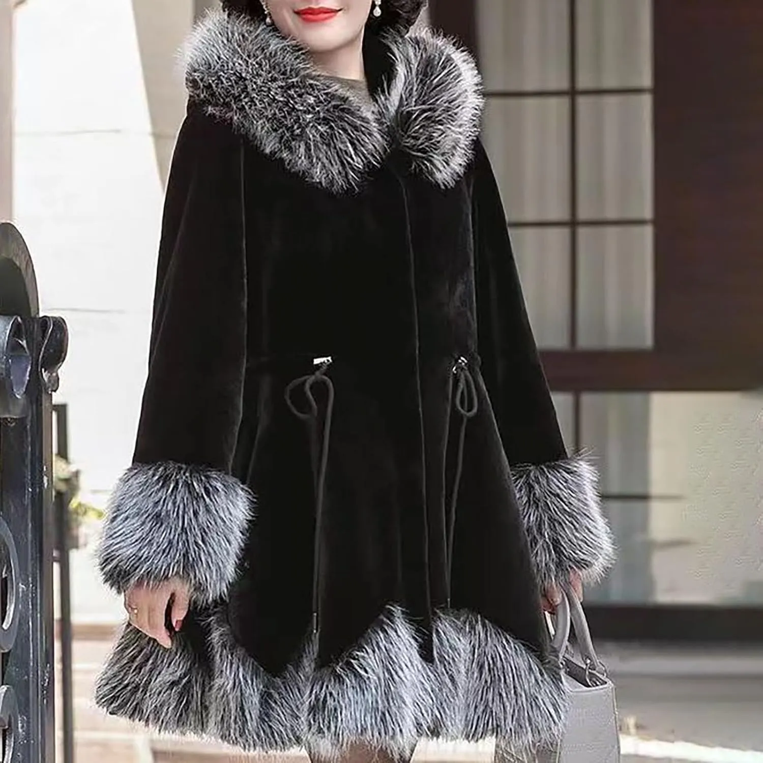 Womens Winter Luxury Coats Faux Fur Trim Single Breasted Shaggy Plush Jackets Fashion Elegant Outwear with Pockets