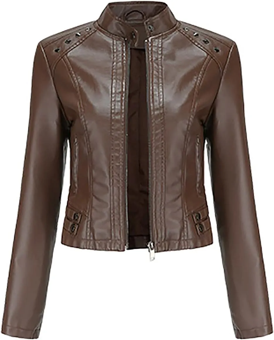 yardsong Faux Leather Crop Jackets for Women Zip Up Long Sleeve Short Coats Motorcycle Faux PU Moto Biker Outerwear